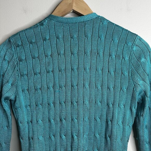 RALPH Lauren Black Label 100% silk Green Blue Cable Knit V Neck Cardigan Small - Picture 9 of 13